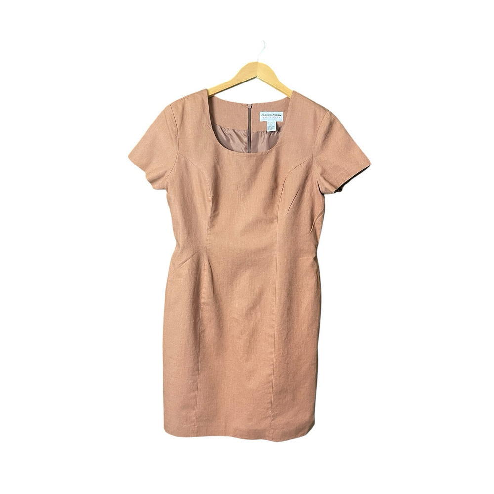 Vintage Carol Horn Linen Sheath Dress Women Size 14 Tan Brown Casual Neutral
